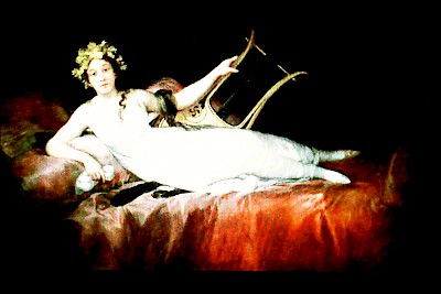 This painting by Francisco Goya of the Marchioness of Santa Cruz includes a Basque lauburu on the lyre she is holding. <a href=></a>